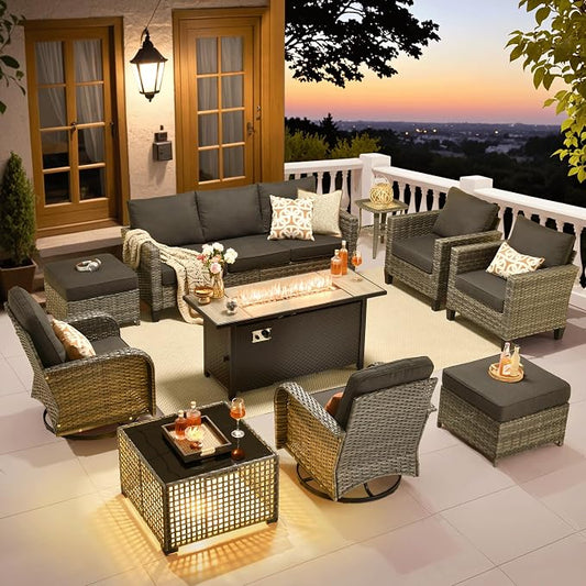 ovios 10 Pieces Patio Furniture Set, Outdoor Wicker Sofa Couch with Swivel Glider Chairs Solar Light Table Fire Pit, Modern Deep Seat Rattan Conversation Sets, Black