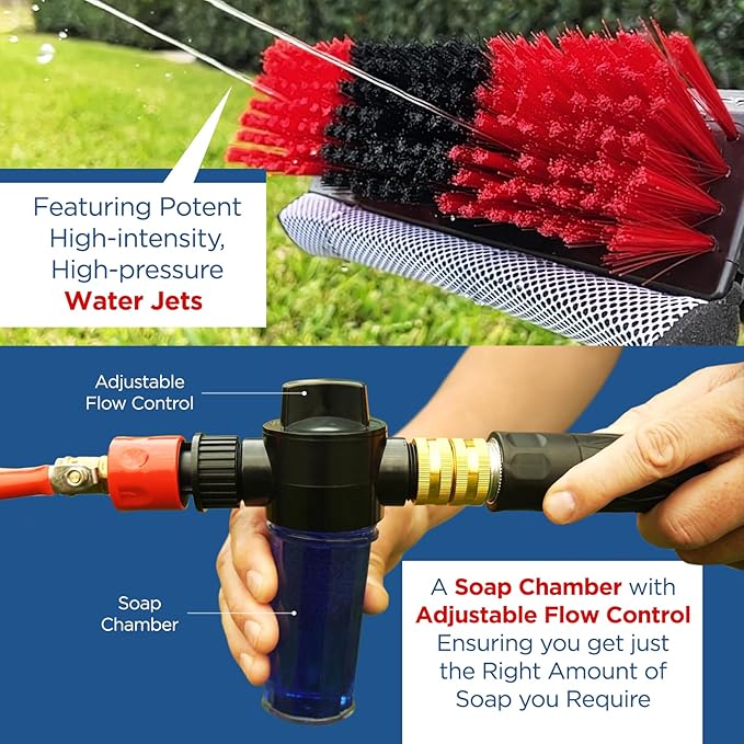 HydroCleaner XL Telescoping Power Wash Brush with Hose Attachment, Perfect for RV & Car Washing, Cleaning Decks and Sidings - Built-in Soap Dispenser and High-Intensity Power Jets (23 FT)