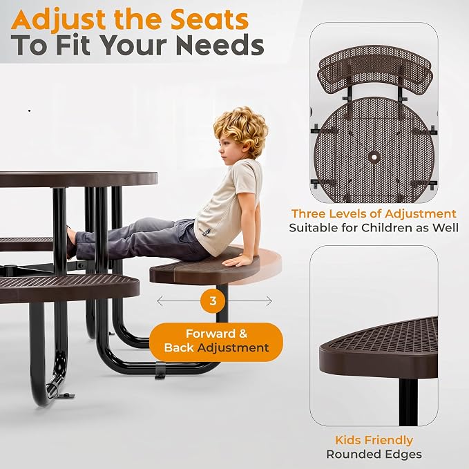 Metal Picnic Tables for Outdoors with Umbrella Hole - Coated Steel Heavy Duty Commercial Grade Furniture Set with Adjustable Seats (Brown, 46 in, Round, Expanded Steel)