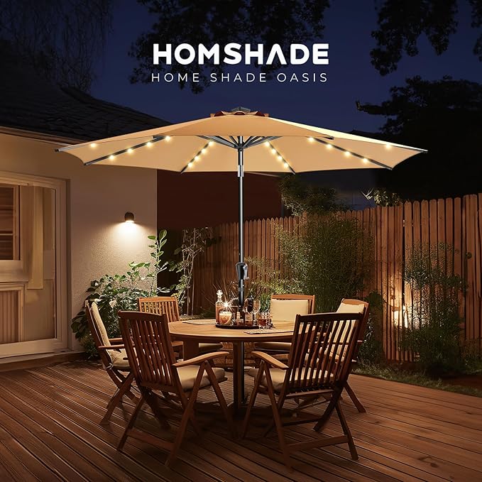 HOMSHADE 9ft Solar Patio Umbrella - Solar Lights LED Lighted Outdoor Market Table Umbrella, UPF50+ UV Protection with Push Button Tilt, Crank for Pool Deck and Garden (Beige)