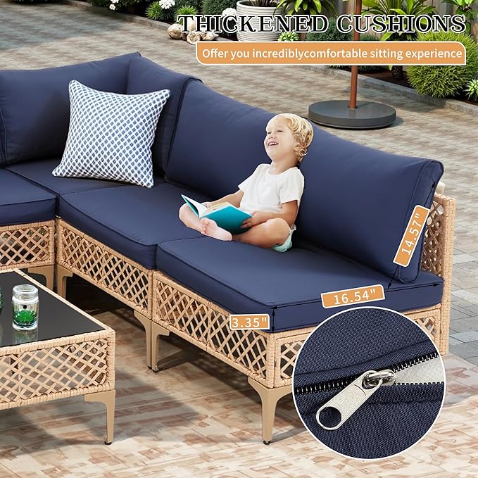 FHFO 7 Piece Patio Furniture Set, Outdoor Wicker Modular Sectional Patio Conversation Set with Thicker Cushion & Tempered Glass Coffee Table for Backyard, Poolside, Porch (Yellow/Blue)