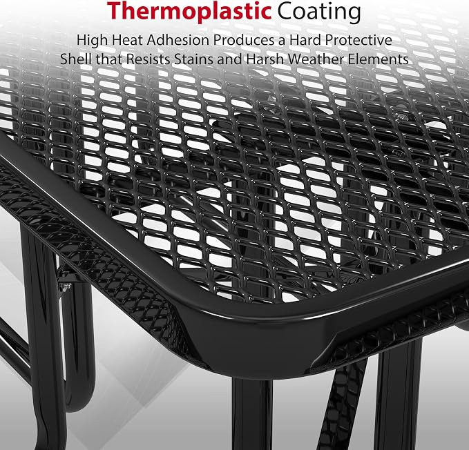 Leisure Craft Metal Picnic Table with Bench - 46" Square Outdoor Dining Table with Umbrella Hole, Heavy Duty Thermoplastic Coating, ADA Compliant, Commercial Grade Furniture Made in USA - Black