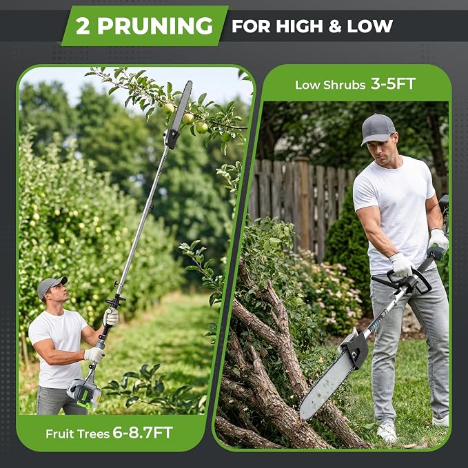36CC Gas Powered Pole Saw, 2 Stroke Powerful Gas Pole Saw with 10" Guide Bar, 6 to 8.7FT Extendable Long Reach Saw Chainsaw with Safety Lock & Shoulder Strap for Tree Trimming Pruning
