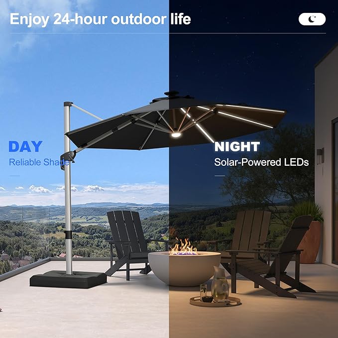 PURPLE LEAF 10ft Patio Umbrella with Lights Outdoor Round Cantilever Solar Powered LED Umbrella with 360-degree Rotation for Garden Deck Pool Patio, Grey