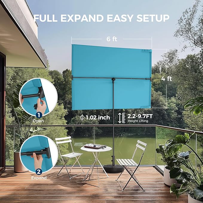 HOMSHADE 6x4ft Outdoor Balcony Umbrella - Flat Porch Pool Patio Umbrella Rectangular Canopy Shade UPF50+ UV Protection 360° Rotating & Tilting All Angles Applicable (Light Blue, No Base)