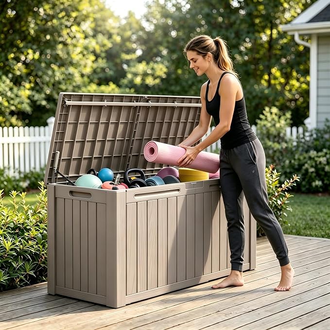 180 Gallon Outdoor Storage Box Waterproof, Large Resin Deck Box with Lockable Lid & Soft-Close Hydraulic Struts, Outside Storage Box for Patio Furniture, Garden Tools, Pool Accessories, Grey