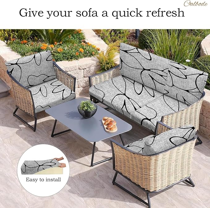 CALBODE 8PCS Waterproof Patio Sofa Covers with Elastic Floral Printed Stretch Outdoor Cushion Seat Covers Set of 8 Wicker Chair Washable Replacement(Grey,Cushions Not Included)