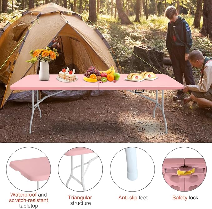 Portable 8Ft Folding Table, Heavy Duty Plastic Fold-in-Half Utility Foldable Dining Table, Multi-Purpose Plastic Folding Table with Carrying Handle for Camping and Party Indoor/Outdoor (Pink)