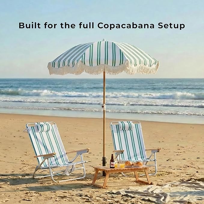 6FT Stripe Fringe Beach Umbrella for Sand with Sand Anchor, UPF 50+ Sun Shade with Tassels, Adjustable Tilt Pole, Portable Coastal Umbrella for Beach & Pool, Heritage Ocean Cypress Stripe
