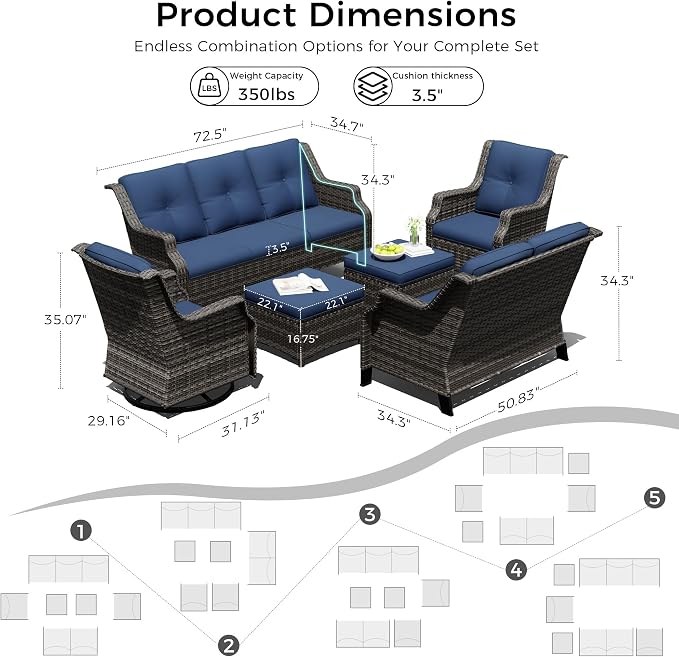 Outdoor Patio Furniture Set, 6 Piece Wicker Patio Furniture with Thick Cushions, Curved Armrest, Deep Seating, Outdoor Swivel Rocker Chairs for Porch, Deck, Balcony