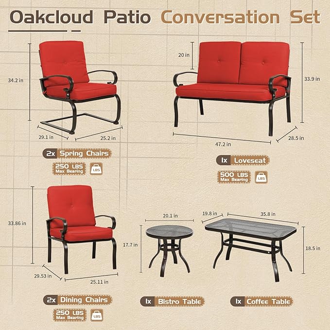 Oakcloud 7Pcs Metal Outdoor Furniture Patio Conversation Set (Loveseat, Coffee Table and Bistro Table, 2 Spring Chair, 2 Dining Chair) -Wrought Iron Patio Chair Set with Cushions (Red)