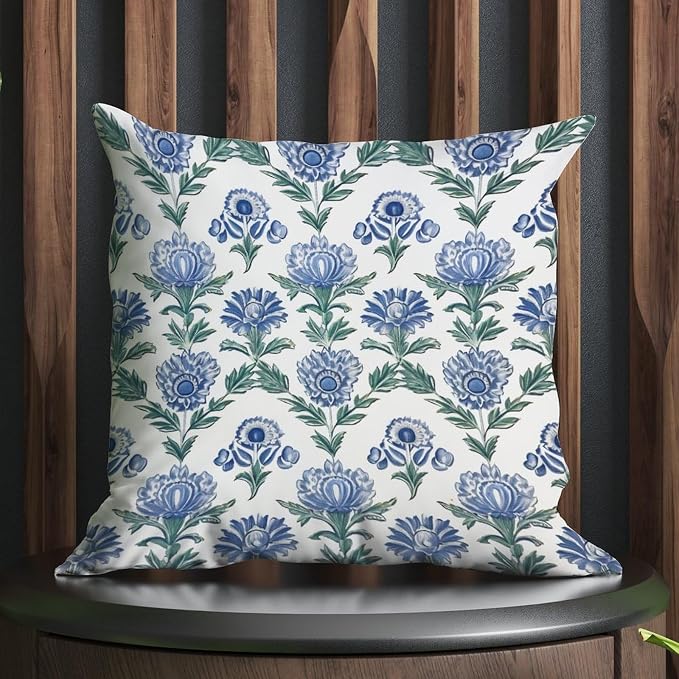 Mughal Flower Pillowcase Blue Lotus Floral Throw Pillow Cover Classic Throw Pillow Covers Farmhouse Decorative for Patio Furniture Tent Garden 18x18 in