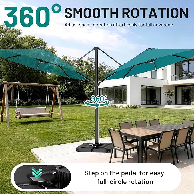 AreShark 11FT Round Cantilever Patio Umbrella with Base Included, 360° Rotation Offset Outdoor Umbrella, 5 Tilt Settings Heavy Duty Hanging Parasol for Deck Garden Pool, Lake Blue
