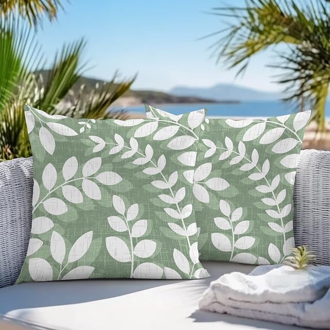 Green Leaves Outdoor Waterproof Throw Pillow Covers 26x26 Set of 2, Farmhouse Botanical Branch Vintage Boho Leaf Decorative Pillowcases Cushion Pillowcase for Couch Sofa Patio Outside Pillow Protector
