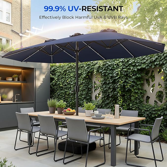 HOMSHADE Double Sided Patio Umbrellas with Base - 15ft RGB Multi-Color Flowing LED Lights Outdoor Extra Large Market Table Umbrella w/Stand, Oversized Umbrella for Deck, Pool, Backyard,Navy