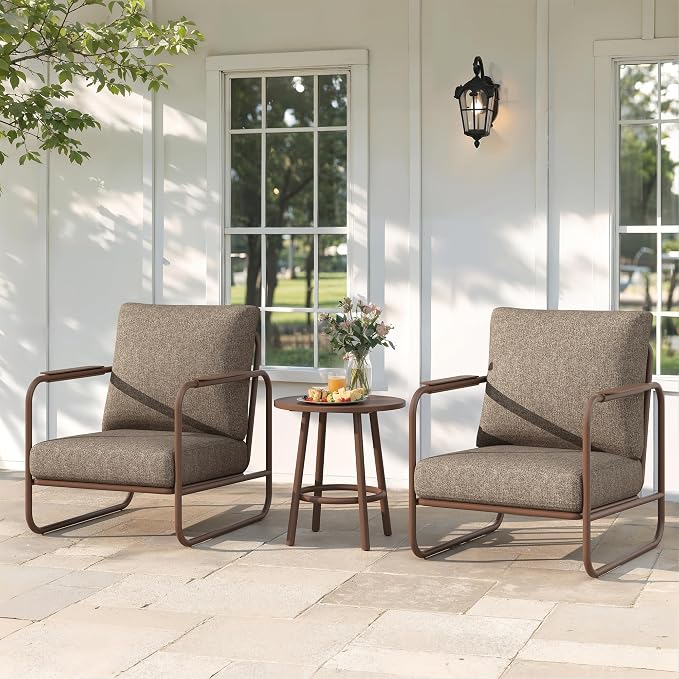 3 Pieces Aluminum Outdoor Patio Conversation Set, 6" Cushions & Coffee Table, All-Weather Rust-Resistant Frame for Porch Garden Backyard, Brown