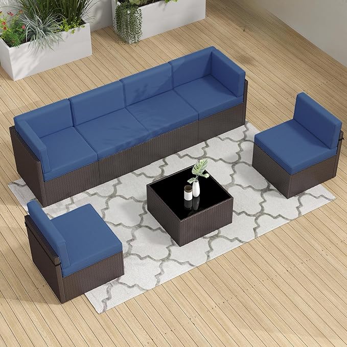 kinbor 7-Piece Outdoor Sectional Patio Furniture Set, Brown PE Wicker Outdoor Couch with Thick Cushions, Luxury Patio Set for Backyard, Poolside, Porch, Navy Blue