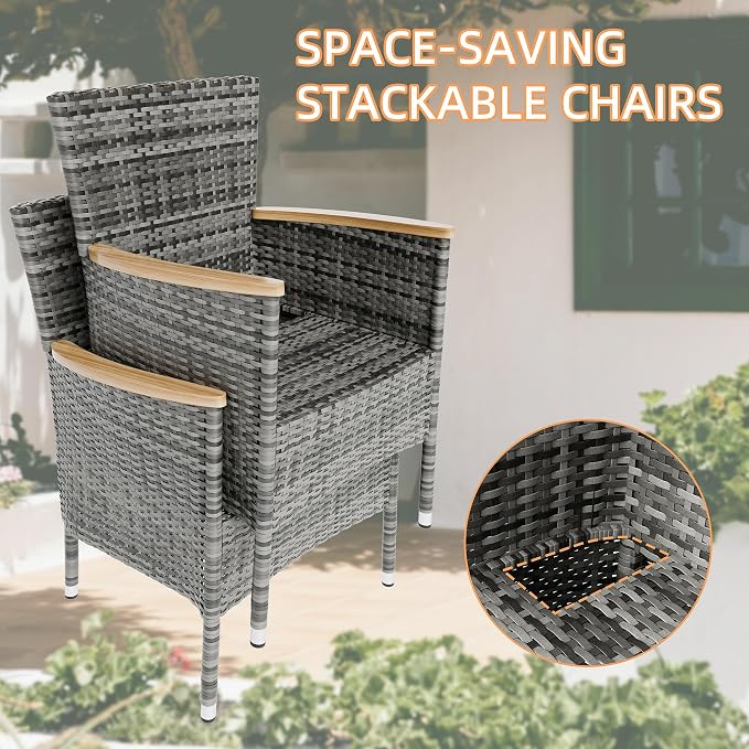Vongrasig 5 Piece Small Patio Dining Set, Space-Saving Outdoor Wicker Furniture Conversation Set with Wood Table and Cushioned Rattan Chairs for Lawn, Garden, and Backyard (Gray)