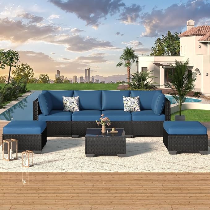 7 Piece Outdoor Patio Furniture Set with Cushions, PE Rattan Wicker Sectional Furniture Chair Set with Tea Table, Modular Patio Sofa for Garden, Backyard, Balcony Outdoor Lounge Area(Blue)