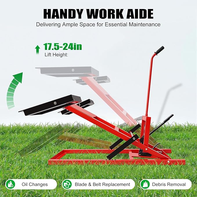 Lawn Mower Lift with Hydraulic Jack, 500 lbs Lifting Capacity Lawn Mower Lift Tool Adjustable Wheel Span for Mower Maintenance and Repair, Red