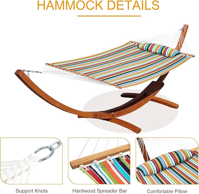 Lazy Daze 12FT Sunbrella Fabric Hammock with 13FT Wood Arc Stand, Free Pillow Fits for Two Persons, All Weather and Fade Resistant for Patio Yard, 450 lbs Weight Capacity, Carousel Confetti