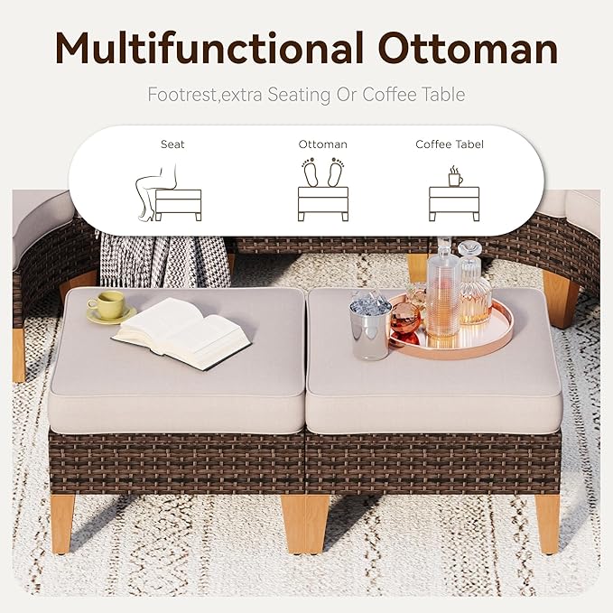 GREEN PARTY 8 Pieces Wicker Patio Furniture Set, All-Weather Outdoor Rattan Half-Moon Curved Patio Sectional Sofa Conversation Set 8 Seats for Garden, Backyard, 2 x Ottomans