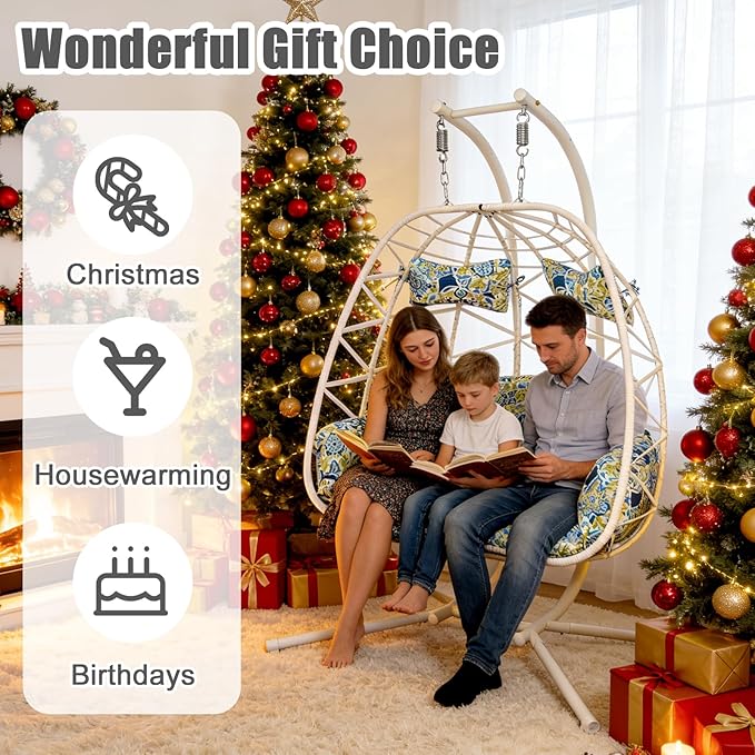 Double Egg-Shaped Hammock Chair with Stand Swing Egg Chair, Wicker Hanging Chair with Washable Cushion Sturdy Metal Stand, 600lbs Capacity for Indoor Outdoor Patio Living Room Etc(White+Morocco Dream)