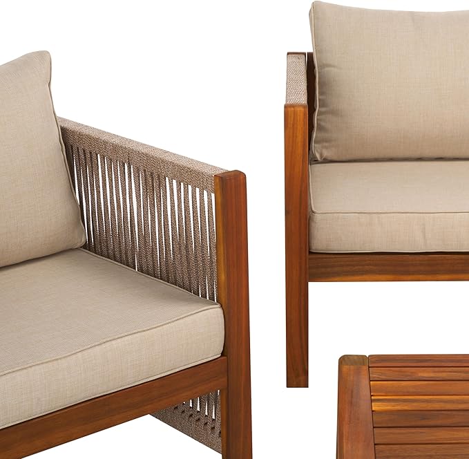 SAFAVIEH Outdoor Collection Roya Natural/Taupe Solid Wood 4-Piece Conversation Set