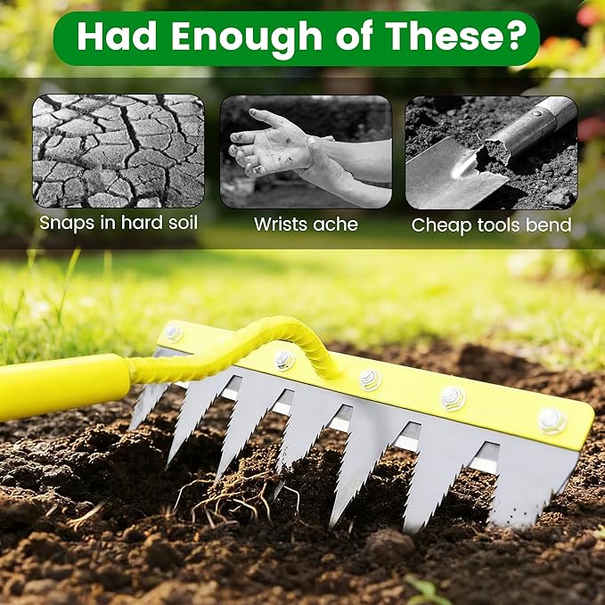 Iron Weeding Rake 2.0, Upgrade 5/6/7/8 Teeth Carbon Steel Garden Weeder Rakes, Iron Rake for Yard Lawn and Garden, Heavy-Duty Gardens Hand Weeder Puller Tool for Gardening (Yellow 5Teeth)