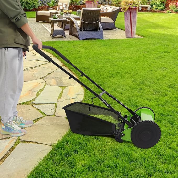 Push Reel Lawn Mower 15.75-Inch Manual with Adjustable Height and Grass Catcher for Small Medium Lawns Yards Home Use