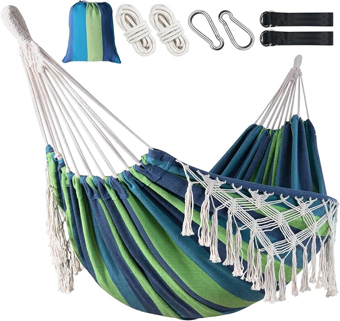 Posprica Brazilian Style Double Hammock with Fringe, 2 Person Patio Hammock for Backyard & Indoor Relaxation, Soft Breathable Fabric, Easy Setup with Straps & Carry Bag, 360 lbs Capacity