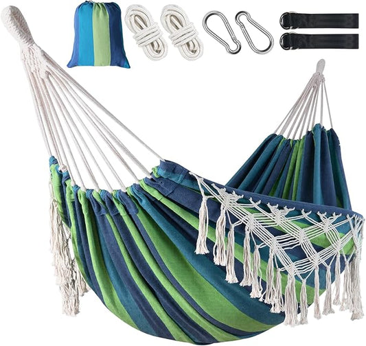 Posprica Brazilian Style Double Hammock with Fringe, 2 Person Patio Hammock for Backyard & Indoor Relaxation, Soft Breathable Fabric, Easy Setup with Straps & Carry Bag, 360 lbs Capacity
