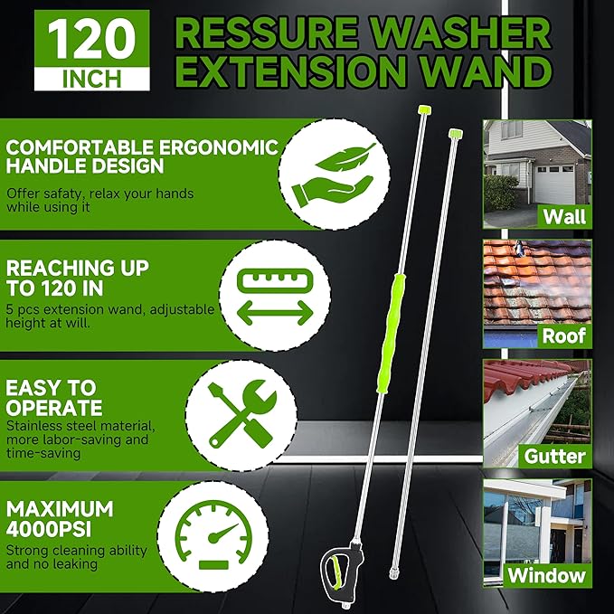RIDGE WASHER Pressure Washer Extension Wand 120 Inch, Stainless Steel Replacement Power Washer Lance, 30°/90°/120° Curved Rod, Gutter Cleaner Attachment with 5 Nozzles, 4000 PSI