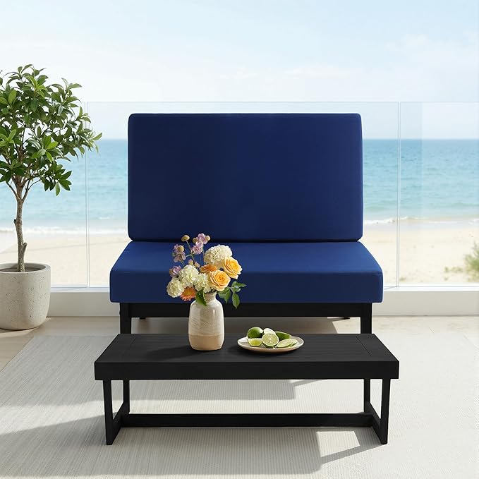 UIXE Black Wood Patio Furniture Sets, 2 Pieces All Weather Patio Loveseat Outdoor Sofa with Solid Wooden Coffee Table - Navy Blue