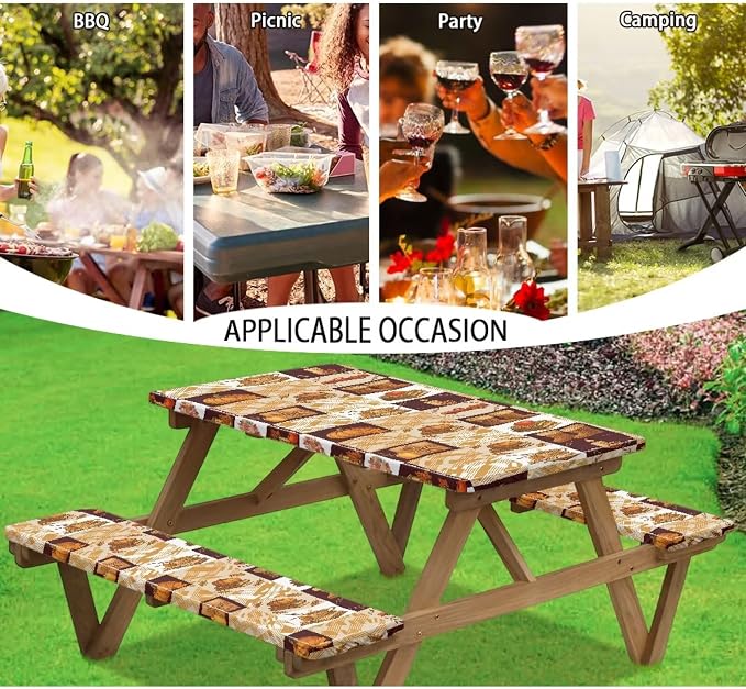 Fall Picnic Table Cover with Bench Covers 3 Piece Set 30 x 94 Inch Picnic Foldable Picnic Table and Bench Fitted Tablecloth Cover for Outdoor BBQ Holiday Party Camping
