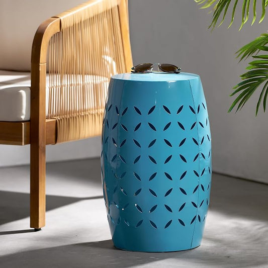 12" Outdoor Side Table, Decorative Cutout Metal Round Side Table, Multi Functional - Coffee Table, Night Stand, Plant Stand for Patio, Garden, Backyard, Gazebo Indoor (Blue)