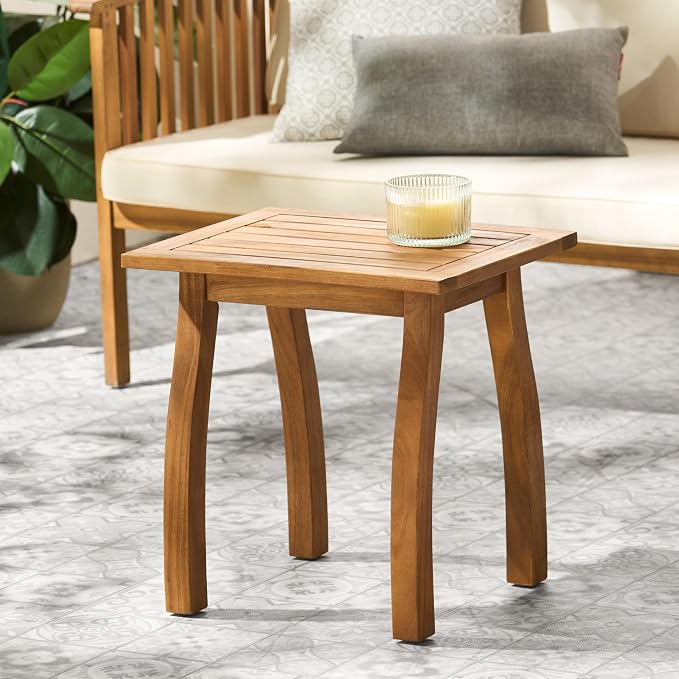 End Table Selma Teak Acacia Wood Outdoor Accent Table, Slatted Patio Side Table for Pool Decks and Conversation Sets, 19.25" H x 15" W x 19" D