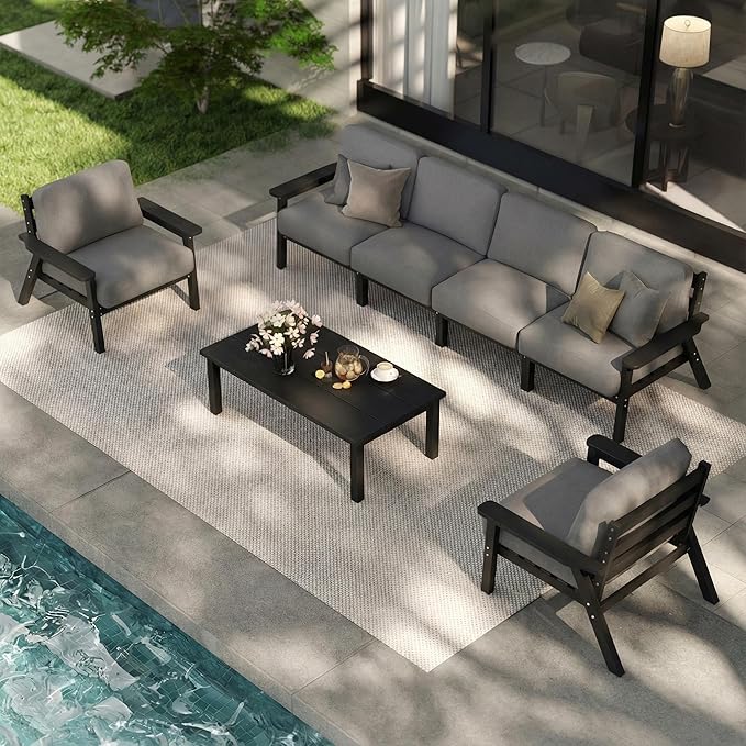 Patio Furniture Set 7 Seats, HDPE Outdoor Sectional with Gray Washable Thick Cushions, Coffee Table, Patio Conversation Sets for Lawn, Garden, Porch, Balcony, Deck (Black Frame)