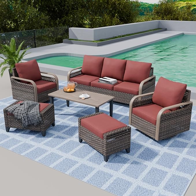 COOS BAY Modern Wicker Outdoor Furniture Set, 6 Piece Patio Conversation Set with 2 Swivel Rockers, a 3 Seat Couch, 2 Ottomans and Coffee Table, 6 Piece, Brown/Red