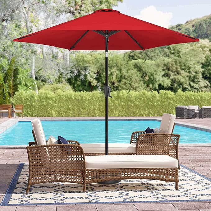 10FT Patio Umbrella Outdoor - Table Umbrella with 6 Sturdy Ribs, Market Umbrella with Push Button Tilt, UV Protection for Pool, Porch, Garden, Deck, Backyard (Red)
