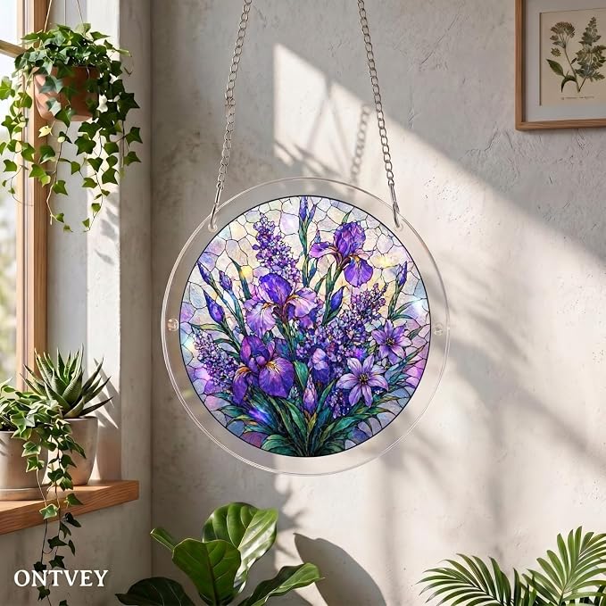 Acrylic Jigsaw Puzzle Suncatcher - Purple Flower Acrylic Puzzle Window Hanging Decor, 83 Irregular Pieces & Hanging Chain - Creative DIY Home Indoor & Garden Decor (7.4 Inch)