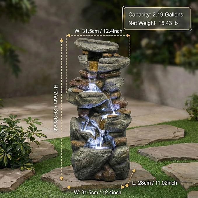 29.9" Water Fountain Outdoor with LED Lights, Rock Style Waterfall Fountains with Pump, Floor-Standing Resin Water Feature for Garden Patio Backyard Deck Porch Home Decor (Grey-29.9" H Rock)