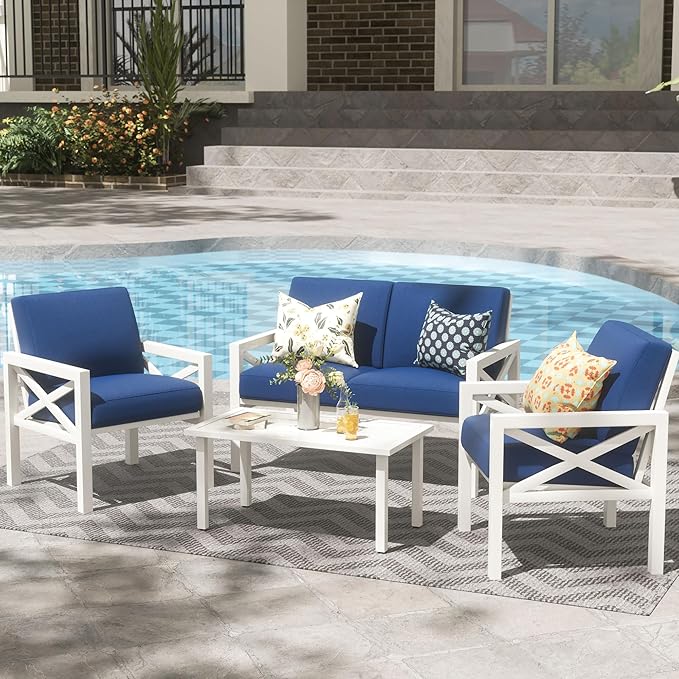 NATURAL EXPRESSIONS Outdoor Patio Furniture 4 Pieces Set, Modern Patio Conversation Sets, Outdoor Sectional Metal Sofa with 5.5 Inch Cushion and Coffee Table for Balcony, Garden
