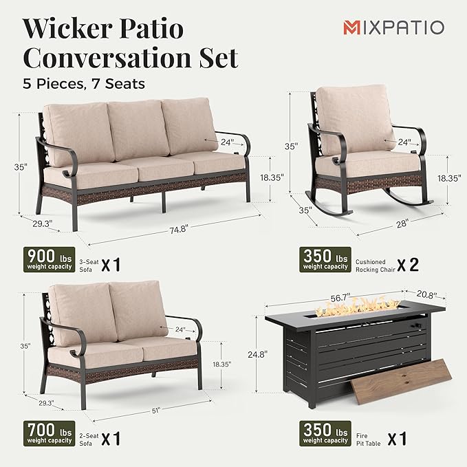 Patio Furniture Set with Fire Pit Table, Metal Outdoor Conversation Set with 5.75'' Extra Thick Cushion, 2 Rocking Chairs, Loveseat Sofa, 3-Seat Sofa and Gas Fire Pit Table, Beige
