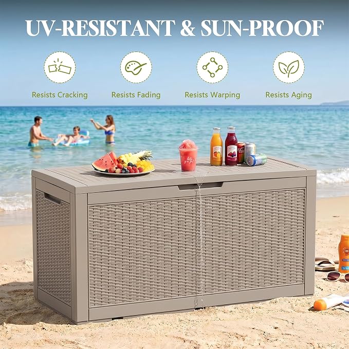 Waterproof Outdoor Storage Box Outside Deck Box Lockable Resin Bench UV Resistant Furniture Cushion Pool Tool Float Bin Patio Garden Porch (Grey, 120 Gallon)