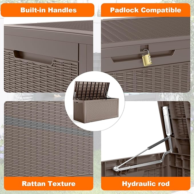 PatioZen 120 Gallon Resin Deck Box, Lockable Patio Outdoor Storage Box for Furniture, Garden Tools and Tools Storage, Waterproof Outside Storage Boxes - Grey