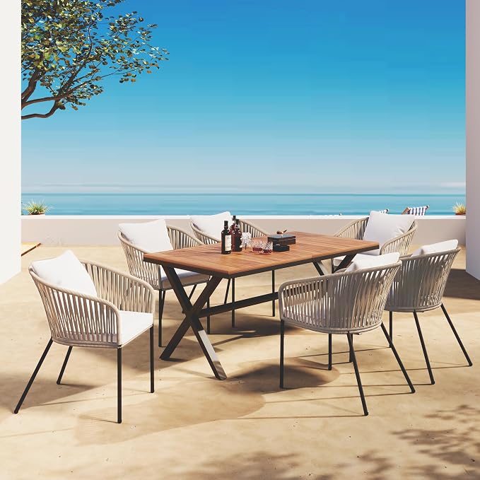 VilroCaz 7 Pieces Patio Dining Set, All-Weather Outdoor Conversation Set Gathering Set with Acacia Wood Tabletop and Metal Frame, Dining Table and Chairs for Garden Backyard Balcony (Beige Rope)