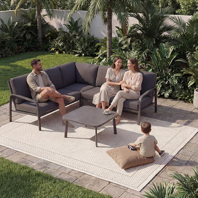 4-Piece Aluminum Outdoor Furniture Set with Coffee Table – 2-Seat Sofa with Cushions, All-Weather Metal Frame, Perfect for Patio, Garden, and Balcony,Beige (Grey, Corner Sofa Set)