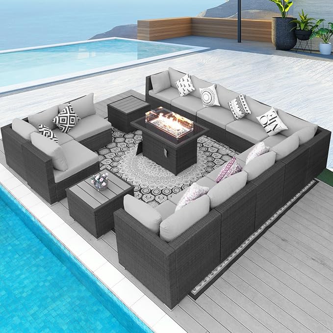 NICESOUL 15 Piece Outdoor Patio Furniture Set with Fire Pit, Extra Large Wide Outdoor Deep Seated Sectional, Cozy 29.3'' High-Back Modular Couch, 500 Lbs High Weight Capacity Wicker Sofa, Light Gray