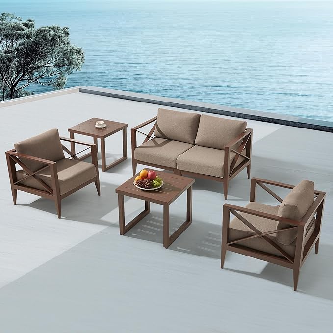 MBY Outdoor Aluminum Patio Furniture Set, 4-Seats Patio Conversation Sofa Set with 2 Coffee Table, All Weather for Pool, Balcony, Garden-Brown